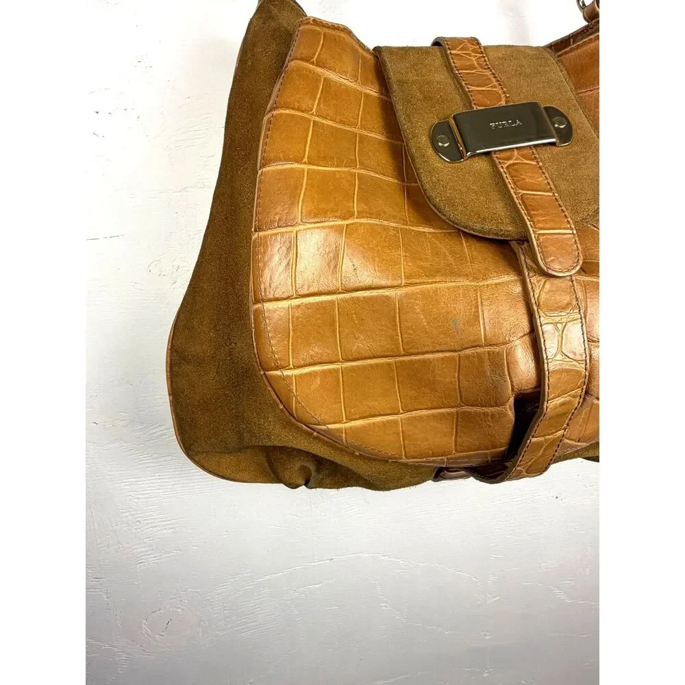 Y2K Vintage Furla Italian Leather Croc‎ Embossed Shoulder Bag Camel Hobo Purse